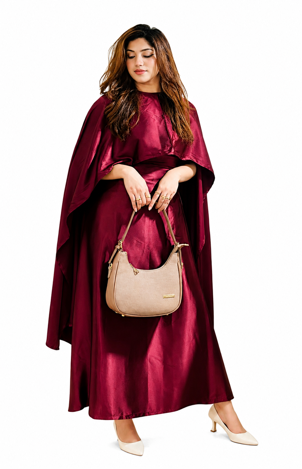 Burgundy Satin Cape Maxi Dress