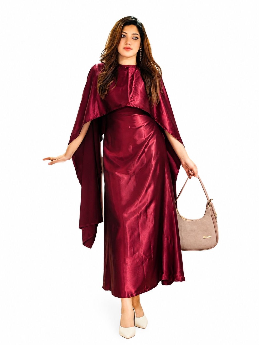Burgundy Satin Cape Maxi Dress