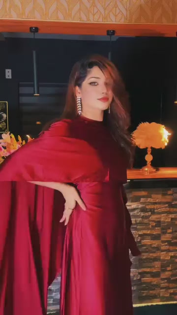 Burgundy Satin Cape Maxi Dress